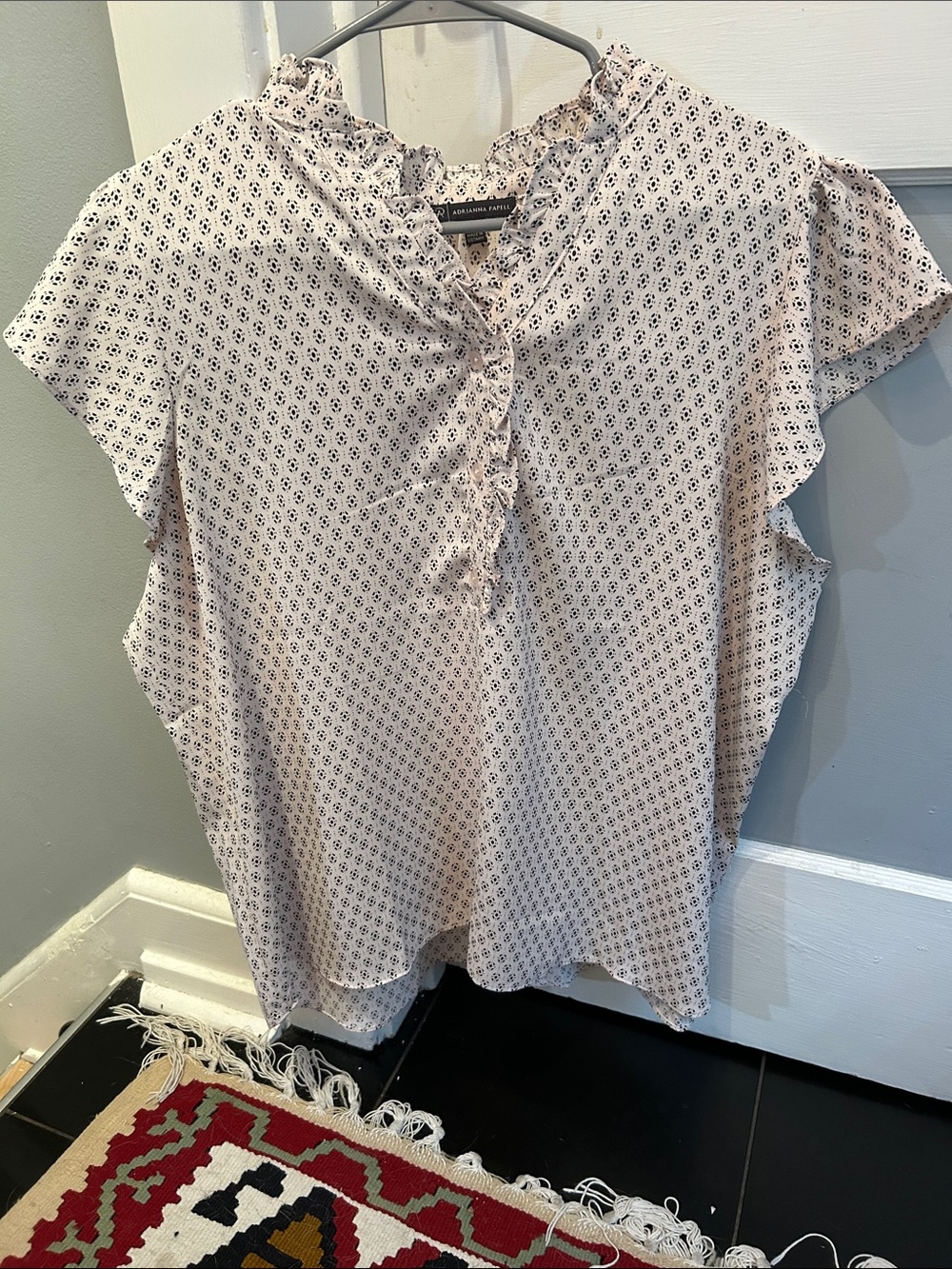Adrianna Papell Cream Dot Print Ruffle Cap Sleeve Blouse